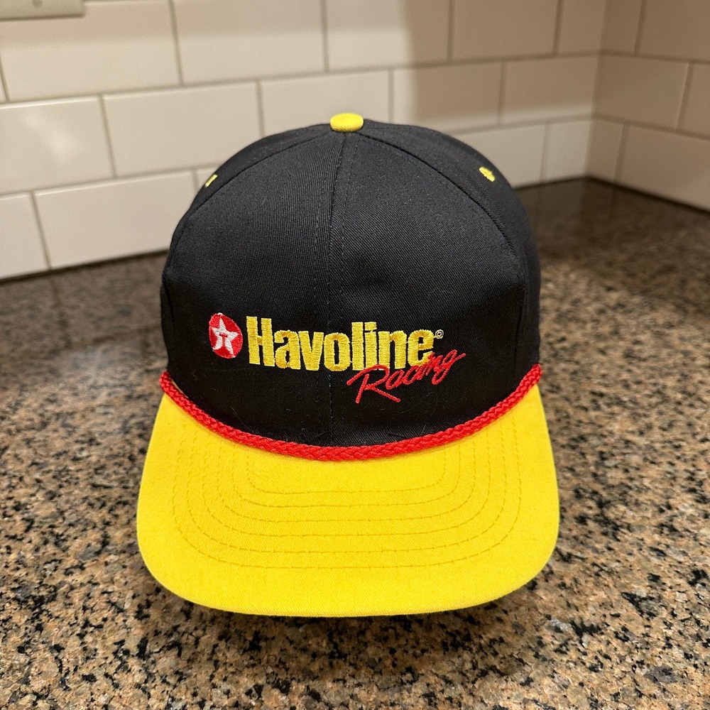 Vtg 90s Havoline Racing Swingster Rope Hat Snapback Black Yellow Made in USA